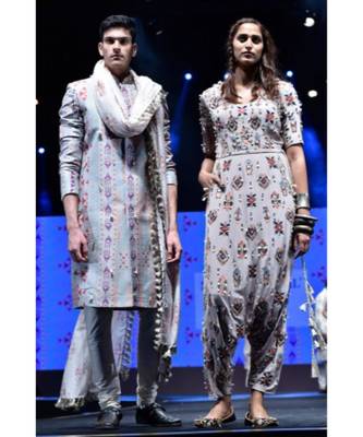 Shahab Grey Printed Dupion Silk sherwani with Off-white Cotton Silk Churidar and Cream Ikat Butti Silkmul Dupatta 3