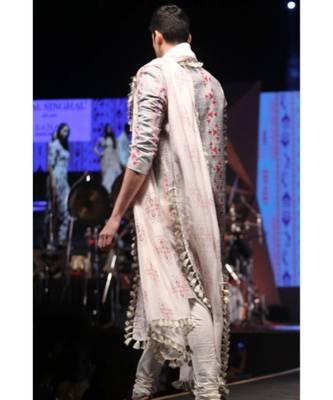 Shahab Grey Printed Dupion Silk sherwani with Off-white Cotton Silk Churidar and Cream Ikat Butti Silkmul Dupatta 4