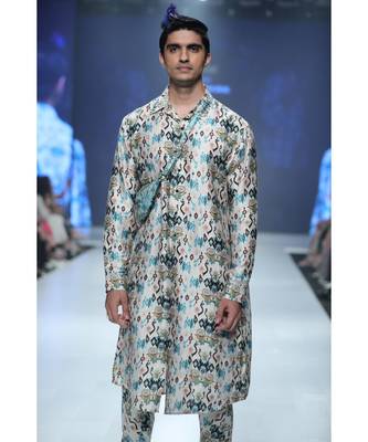 Mahir Whited Printed Dupion Silk Kurta and Churidar with Georgette Dupatta 1