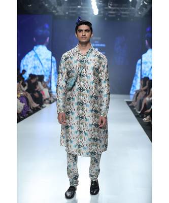 Mahir Whited Printed Dupion Silk Kurta and Churidar with Georgette Dupatta 2