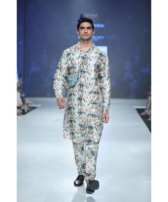 Mahir Whited Printed Dupion Silk Kurta and Churidar with Georgette Dupatta 3