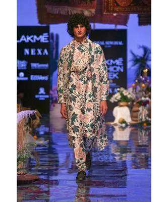 Mahir Whited Printed Dupion Silk Kurta and Churidar with Georgette Dupatta 5