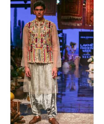 Umair Stone Organza Bandi and Kurta with Periwinkle Blue Low Crotch Pant 1