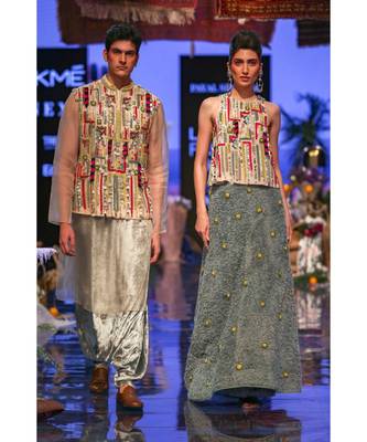 Umair Stone Organza Bandi and Kurta with Periwinkle Blue Low Crotch Pant 2