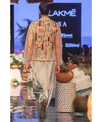Umair Stone Organza Bandi and Kurta with Periwinkle Blue Low Crotch Pant 3