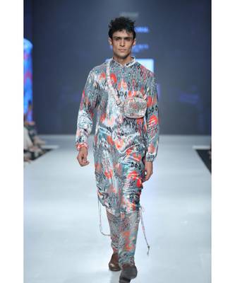 Aziz Blue Printed Velvet Kurta and Silkmul Churidar 1