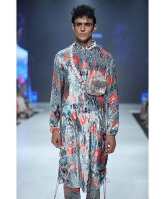 Aziz Blue Printed Velvet Kurta and Silkmul Churidar 2