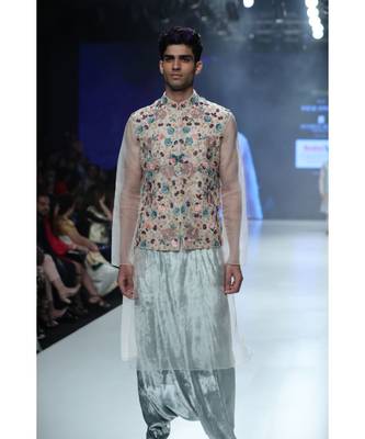 Ayan Stone Organza Bandi with Kurta and Periwinkle Blue Velvet Low Crotch Pant 1