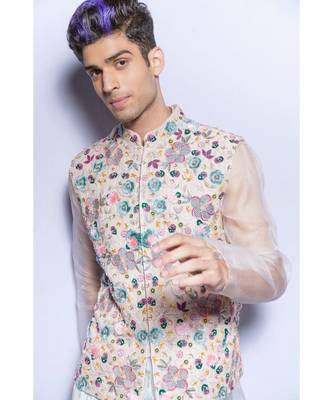 Ayan Stone Organza Bandi with Kurta and Periwinkle Blue Velvet Low Crotch Pant 2