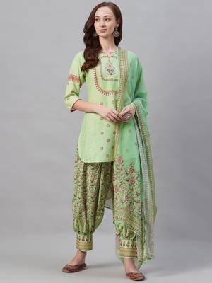Green floral print rayon salwar 1