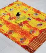 Yellow woven chiffon saree with blouse