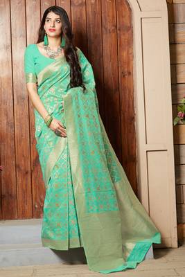 Turquoise woven banarasi silk saree with blouse 1
