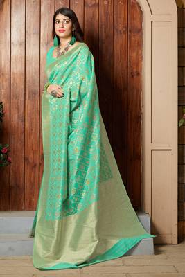 Turquoise woven banarasi silk saree with blouse 2