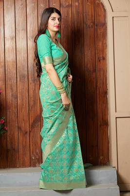 Turquoise woven banarasi silk saree with blouse 3