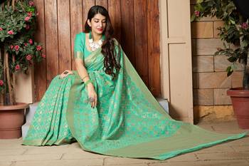 Turquoise woven banarasi silk saree with blouse 4