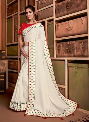 White embroidered silk blend saree  1