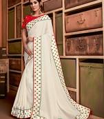 White embroidered silk blend saree 