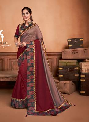 Purple embroidered silk blend saree  1