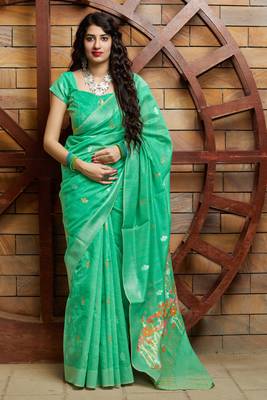 Green woven banarasi silk saree with blouse 1