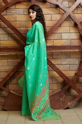 Green woven banarasi silk saree with blouse 2