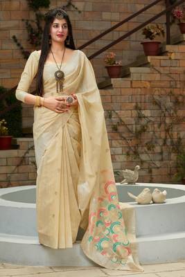 Beige woven banarasi silk saree with blouse 1