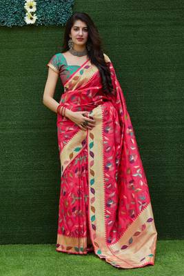 Pink woven banarasi silk saree with blouse 1