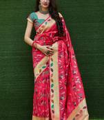 Pink woven banarasi silk saree with blouse