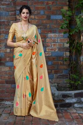 Beige woven banarasi silk saree with blouse 1