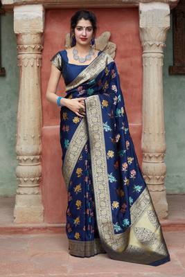 Blue woven banarasi silk saree with blouse 1