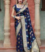 Blue woven banarasi silk saree with blouse