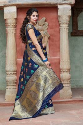 Blue woven banarasi silk saree with blouse 4