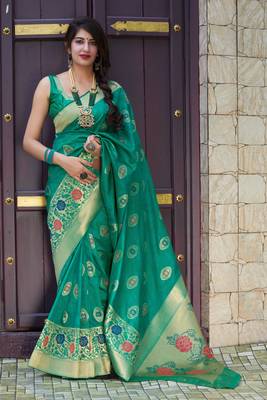 Turquoise woven banarasi silk saree with blouse 1