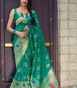 Turquoise woven banarasi silk saree with blouse