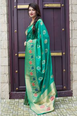 Turquoise woven banarasi silk saree with blouse 2