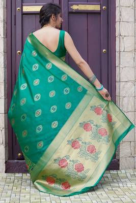 Turquoise woven banarasi silk saree with blouse 3