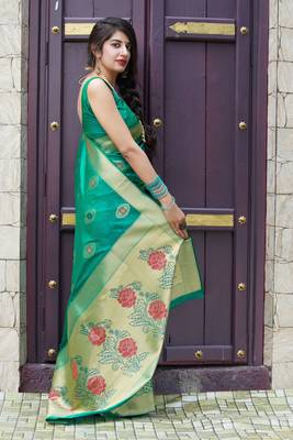Turquoise woven banarasi silk saree with blouse 4
