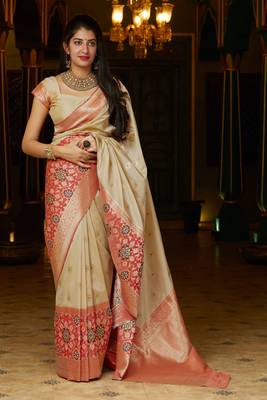 Beige woven banarasi silk saree with blouse 1