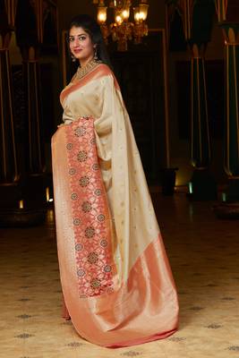 Beige woven banarasi silk saree with blouse 2