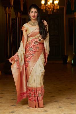 Beige woven banarasi silk saree with blouse 4