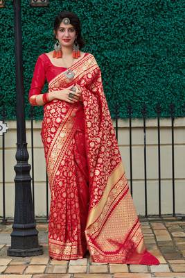 Red woven banarasi silk saree with blouse 1