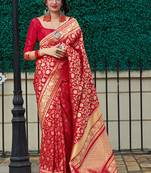 Red woven banarasi silk saree with blouse