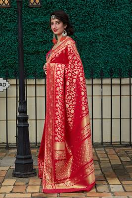 Red woven banarasi silk saree with blouse 2
