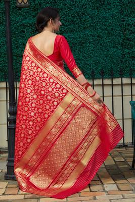 Red woven banarasi silk saree with blouse 3