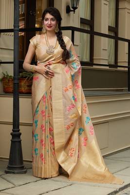 Beige woven banarasi silk saree with blouse 1