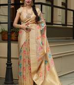 Beige woven banarasi silk saree with blouse