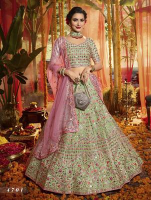 Green Heavy foil mirror, thread, zari Embroidered pure organza Semi Stitched Bridal Lehenga 1