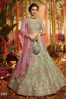 Green Heavy foil mirror, thread, zari Embroidered pure organza Semi Stitched bridal lehenga