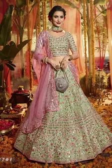 Green Heavy foil mirror, thread, zari Embroidered pure organza Semi Stitched bridal lehenga