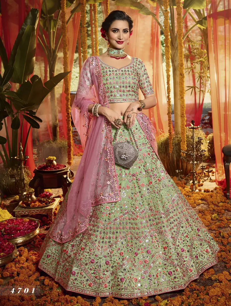Green Heavy foil mirror, thread, zari Embroidered pure organza Semi Stitched bridal lehenga