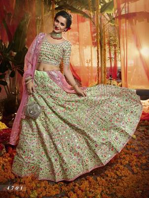 Green Heavy foil mirror, thread, zari Embroidered pure organza Semi Stitched Bridal Lehenga 2